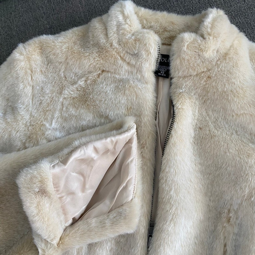 90's Ideology Womens Faux Fur Jacket Cream Ivory Mock Neck Zip XS Crop Coat XS